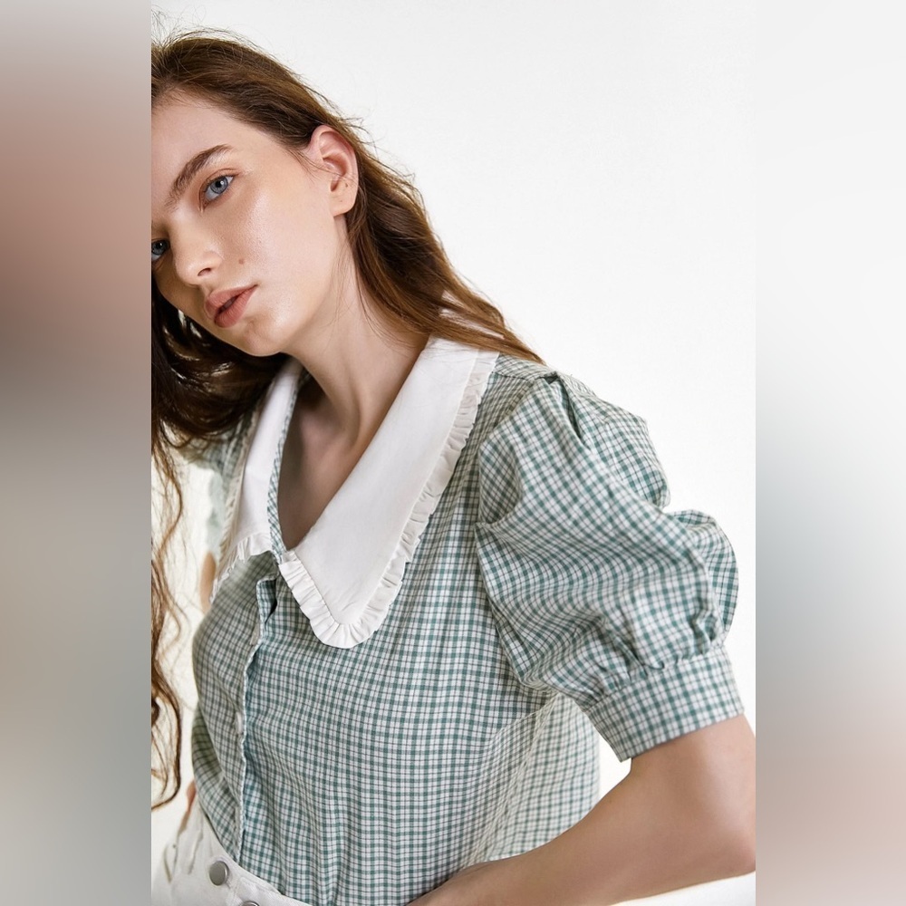 J.Ing Sea Green Plaid Cottage Puff Sleeve Ruffled Statement Collar Shirt Top Nwt — image 3 of 6